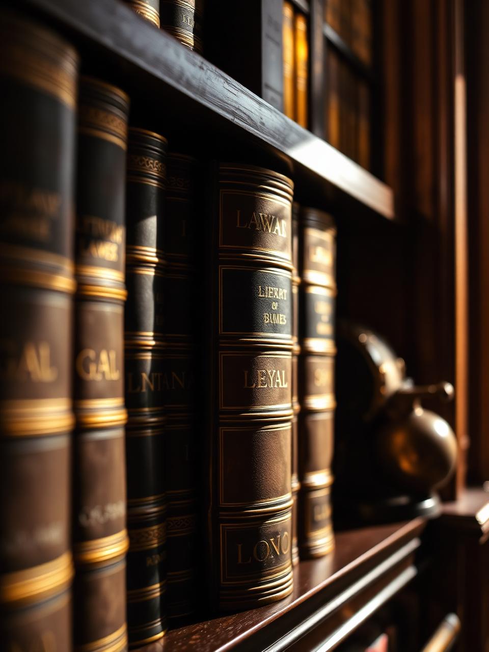 Antique legal books in warm office light