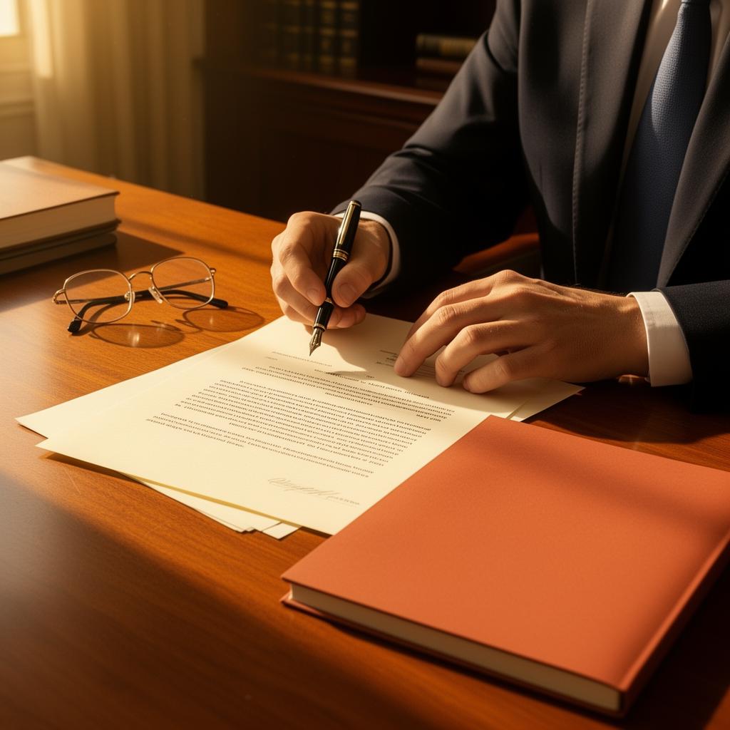 Legal documents reviewed in warm office light